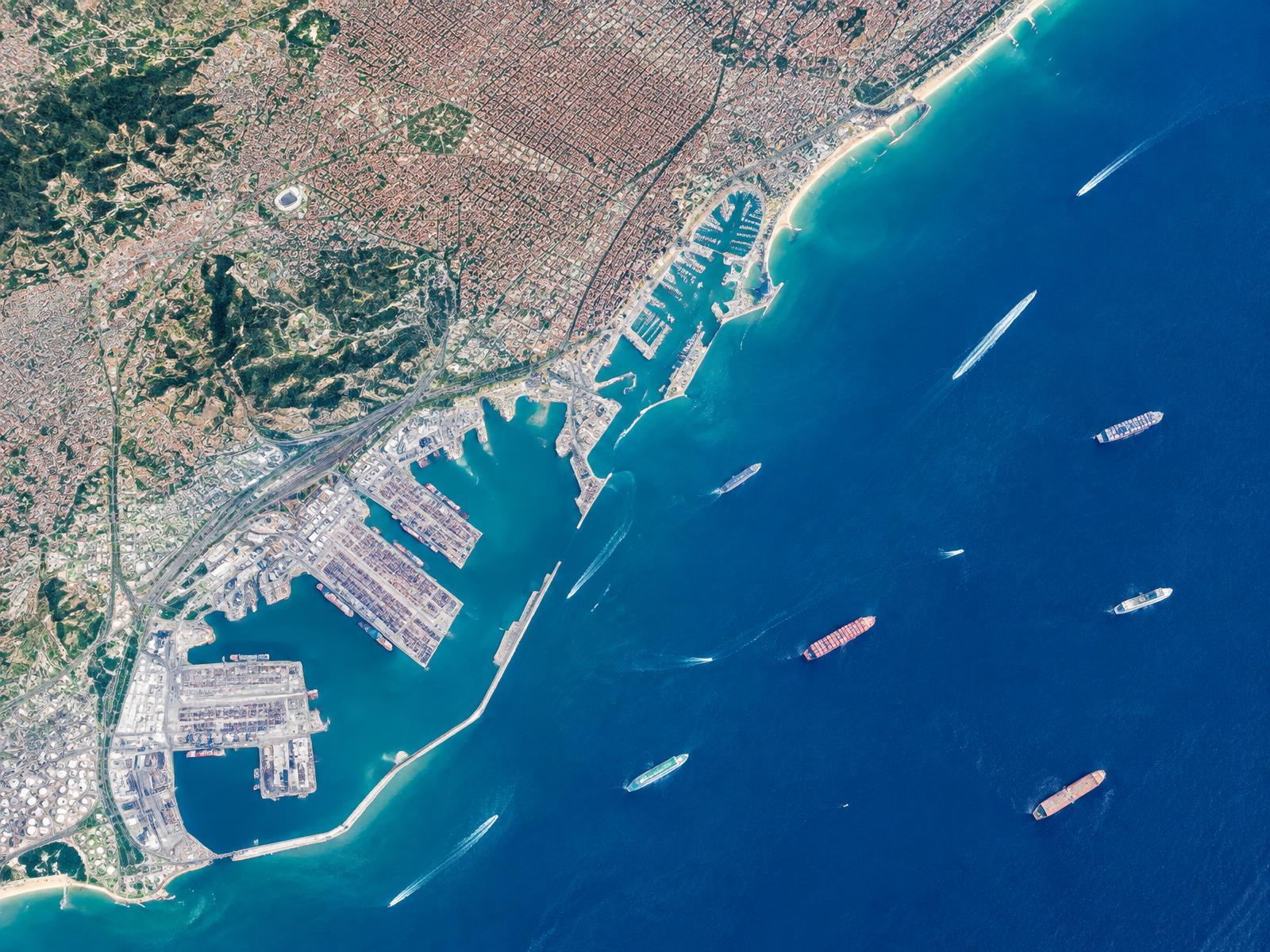 Earth observation view of Barcelona's coast and vessel movements